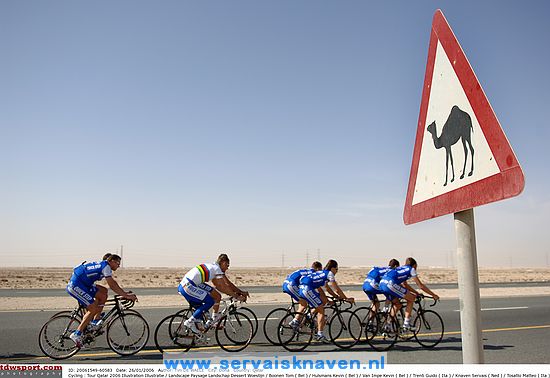 Cycling : Tour Qatar 2006Illustration Illustratie / Landscape Paysage Landschap Dessert Woestijn / BOONEN Tom ( Bel ) / HULSMANS Kevin ( Bel ) / VAN IMPE Kevin ( Bel ) / TRENTI Guido ( Ita ) / KNAVEN Servais ( Ned ) / TOSATTO Matteo ( Ita ) / PEETERS Wilfried ( Bel ) SportsdirectorTraining Quick-Step InnergeticEquipe / Ploeg / QSI