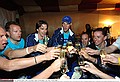 Cycling : Tour Qatar 2006 / GP DohaTRENTI Guido ( Ita ) / DE JONGH Steven ( Ned ) / KNAVEN Servais ( Ned ) / Tom BOONEN ( Bel ) / VAN IMPE Kevin ( Bel ) / CRETSKENS Wilfried ( Bel ) / Celebration Joie Vreugde ChampagneDoha Corniche - Doha Corniche ( 108 km )International Doha Grand Prix