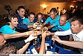 Cycling : Tour Qatar 2006 / Stage 2 Champagne / Tom BOONEN ( Bel ) / KNAVEN Servais ( Ned ) / HULSMANS Kevin ( Bel ) / CRETSKENS Wilfried ( Bel ) / VAN IMPE Kevin ( Bel ) / TRENTI Guido ( Ita ) / PEETERS Wilfried ( Bel ) / Celebration Joie VreugdeCamel Race Track - Al Khor Corniche (138 km )Etape Rit
