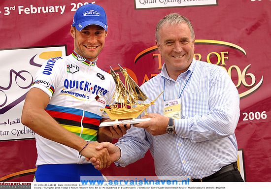 Cycling : Tour Qatar 2006 / Stage 3Podium / BOONEN Tom ( Bel ) /  Mc QUAID Pat ( Irl ) UCI President   / Celebration Joie VreugdeSealine Beach Resort - Khalifa Stadium ( 160 km )Etape Rit