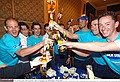 Cycling : Tour Qatar 2006 / Stage 3TRENTI Guido ( Ita ) / BIGNOTTI Claudio ( Ita ) Soigneur Kine / KNAVEN Servais ( Ned ) / HULSMANS Kevin ( Ned ) / BOONEN Tom ( Bel ) / TOSATTO Matteo ( Ita ) / CRETSKENS Wilfried ( Bel ) / Corona PartySealine Beach Resort - Khalifa Stadium ( 160 km )Etape Rit